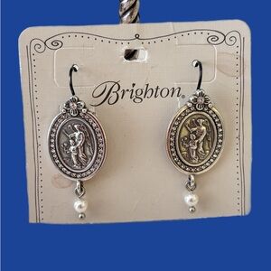 Brighton Two-Tone Religious Medal Drop Earrings with White Pearls, Angels.